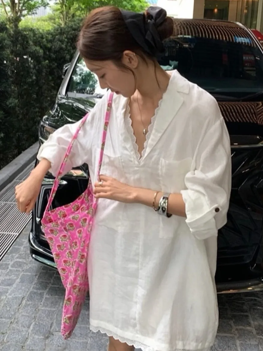 Dongda Gate Middle Length Shirt with Lace Trim Unique Design Women's Fashion Spring Autumn Winter Casual Office Street Style