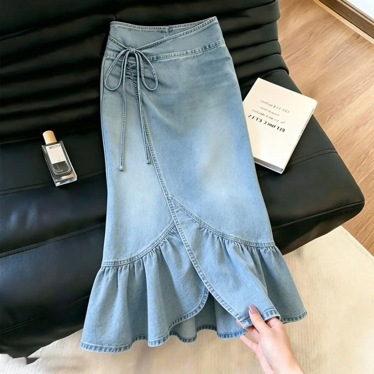 Light Blue Ruffle Leaf Edge Strap Denim Skirt Women New High-waisted Medium and Long Skirt - view 3