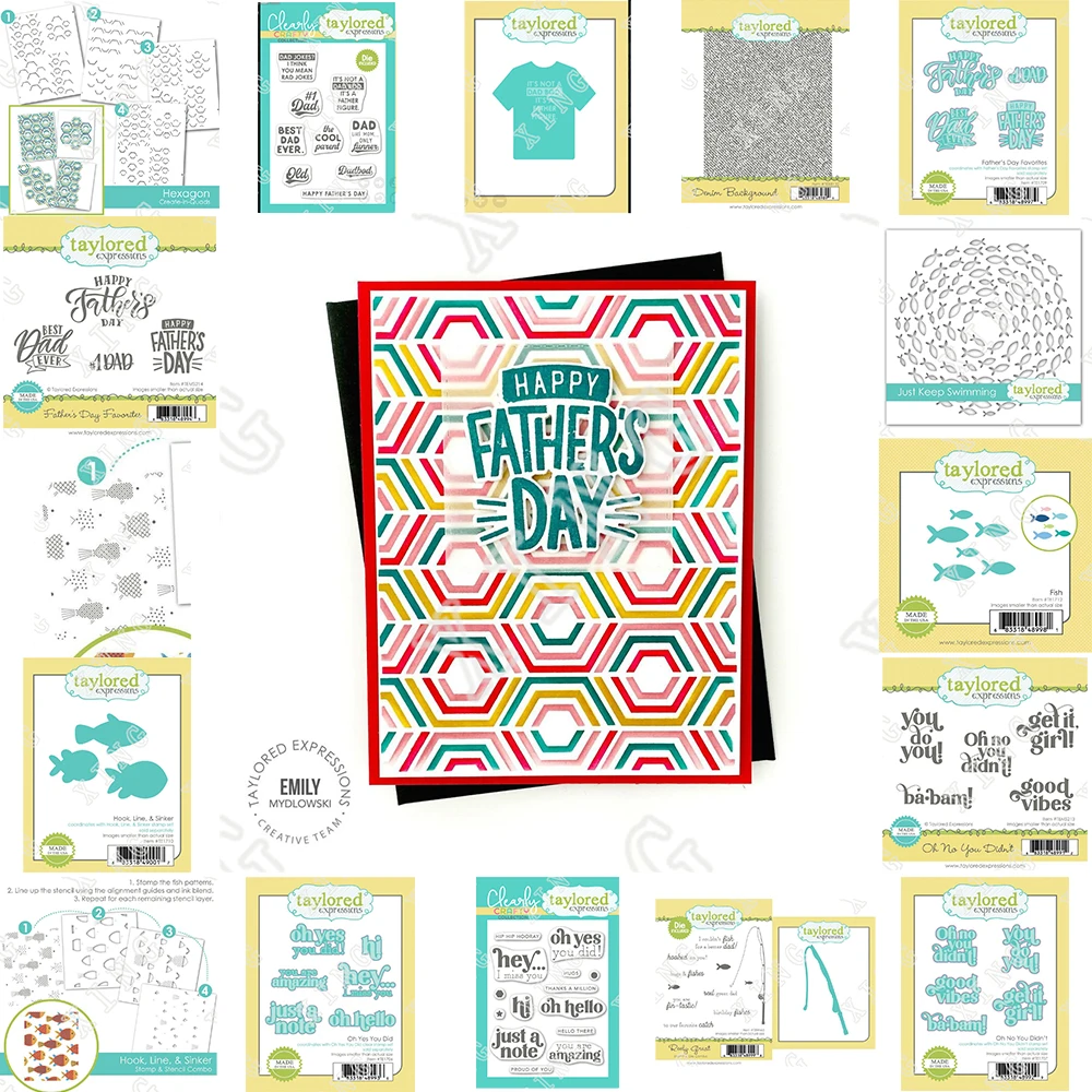 

Hexagon Layering Stencil Denim bod Background Father's Day Favorites Hook Line Sinker Swimming Fish You Didn't Dies Great Stamps