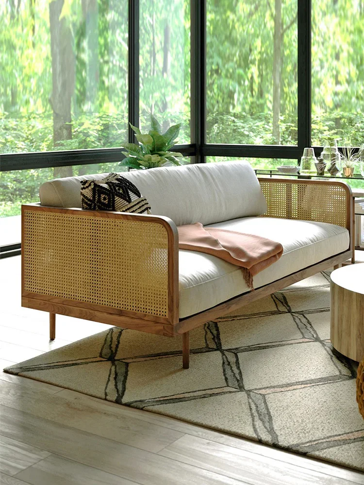 LDNordic غرفة المعيشة شقة صغيرة الترفيه الحديثة أريكة الروطان الخشبية الصلبة ثلاثة مقاعد