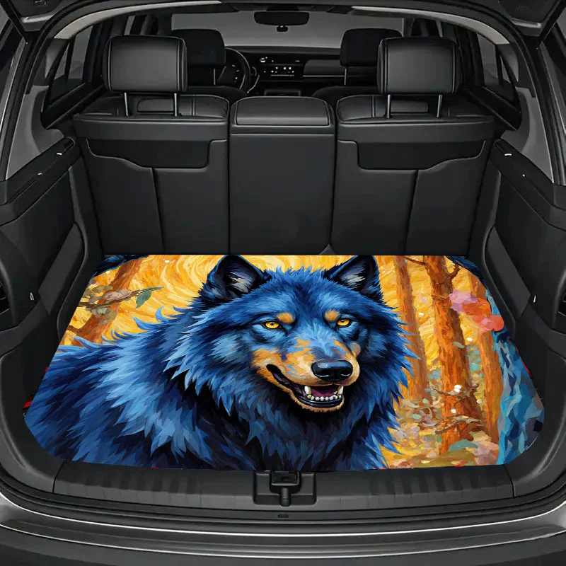 Universal Car Trunk Mat, Vibrant Painterly Blue Wolf With Orange-Brown Markings & Yellow Eyes - Whimsical Fantasy Forest Sunset