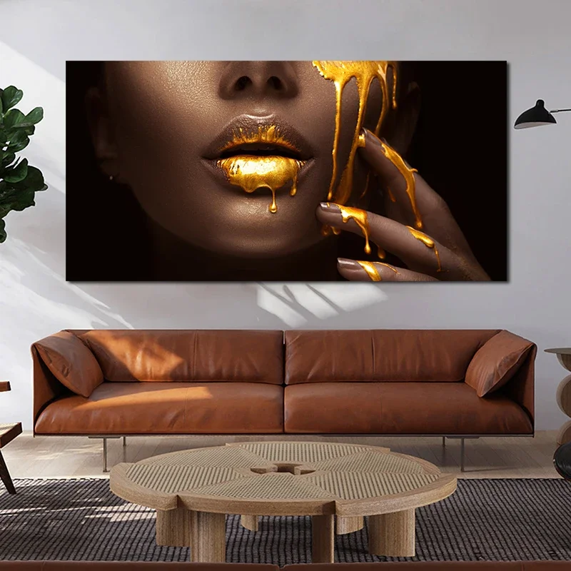 Scandinavian Classic Fashion Wall Art Golden Lips Sexy Woman Portrait HD Canvas Poster Print Home Bedroom Living Room Decoration