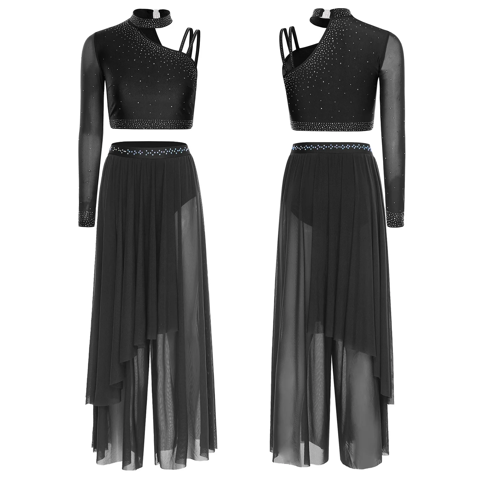 

Женский костюм для лирического балета: укороченный топ с асимметричным рукавом и свободные брюки для современного танца