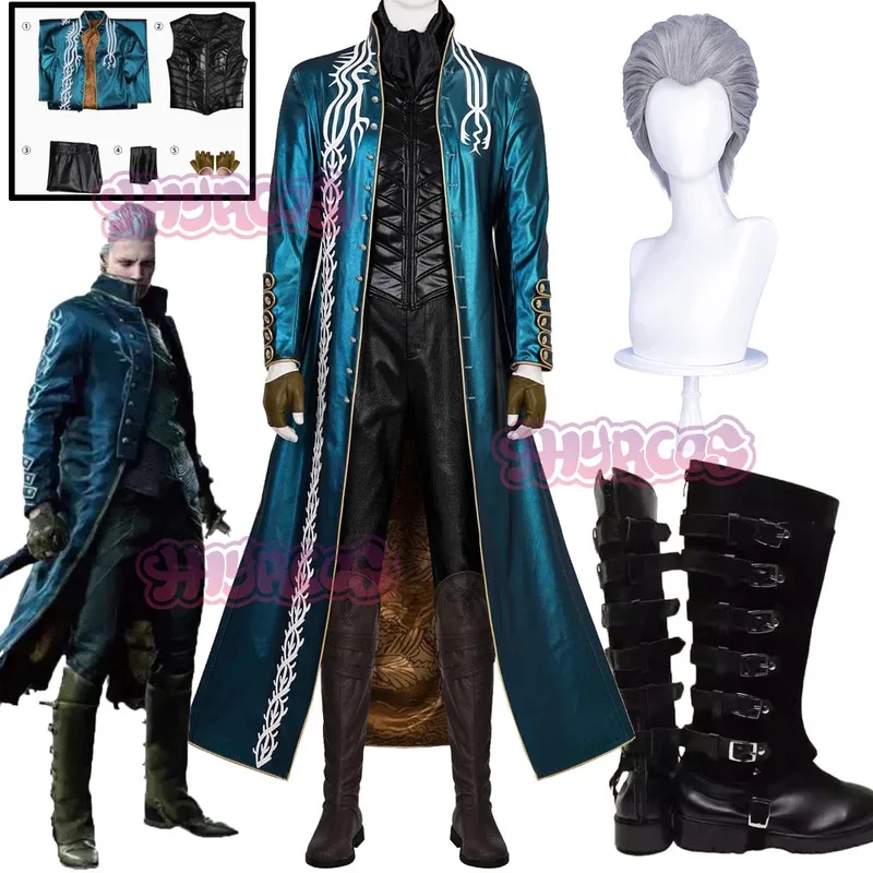 

Игра DMC5 Костюм Нило Полный Наряд Зеленое Пальто Хэллоуин Вергиль Косплей Парик Карнавальный Мужской Костюм Куртка Жилет mb.3