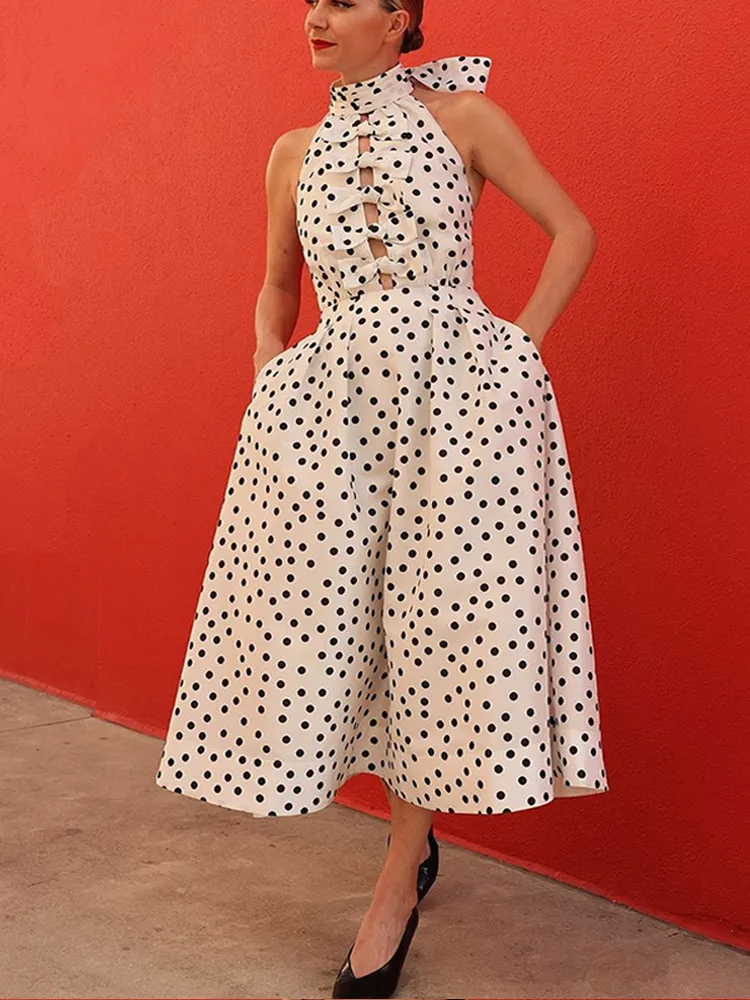 Women Vintage Polka Dot Printed Bow Hollow Halter Dress Elegant Off Shoulder Backless Sleeveless Dresses Chic Lady Party Robes