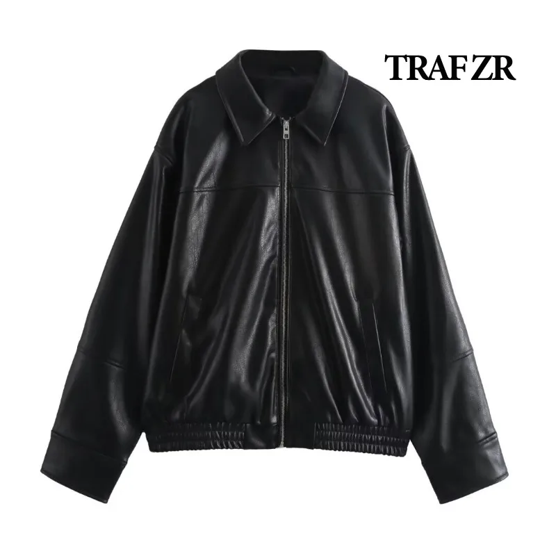 TRAF ZR Leather Jackets Woman Solid American Retro Jacket Casual New in Coats Ladies Fashion Baseball Uniform Aviator Jackets