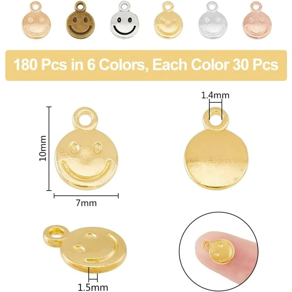 180Pcs 6 Colors Smile Face Charms Antique Bronze/Golden/Silver Flat Round Pendants Tiny Hollow Teardrop Charms Alloy Jewelry