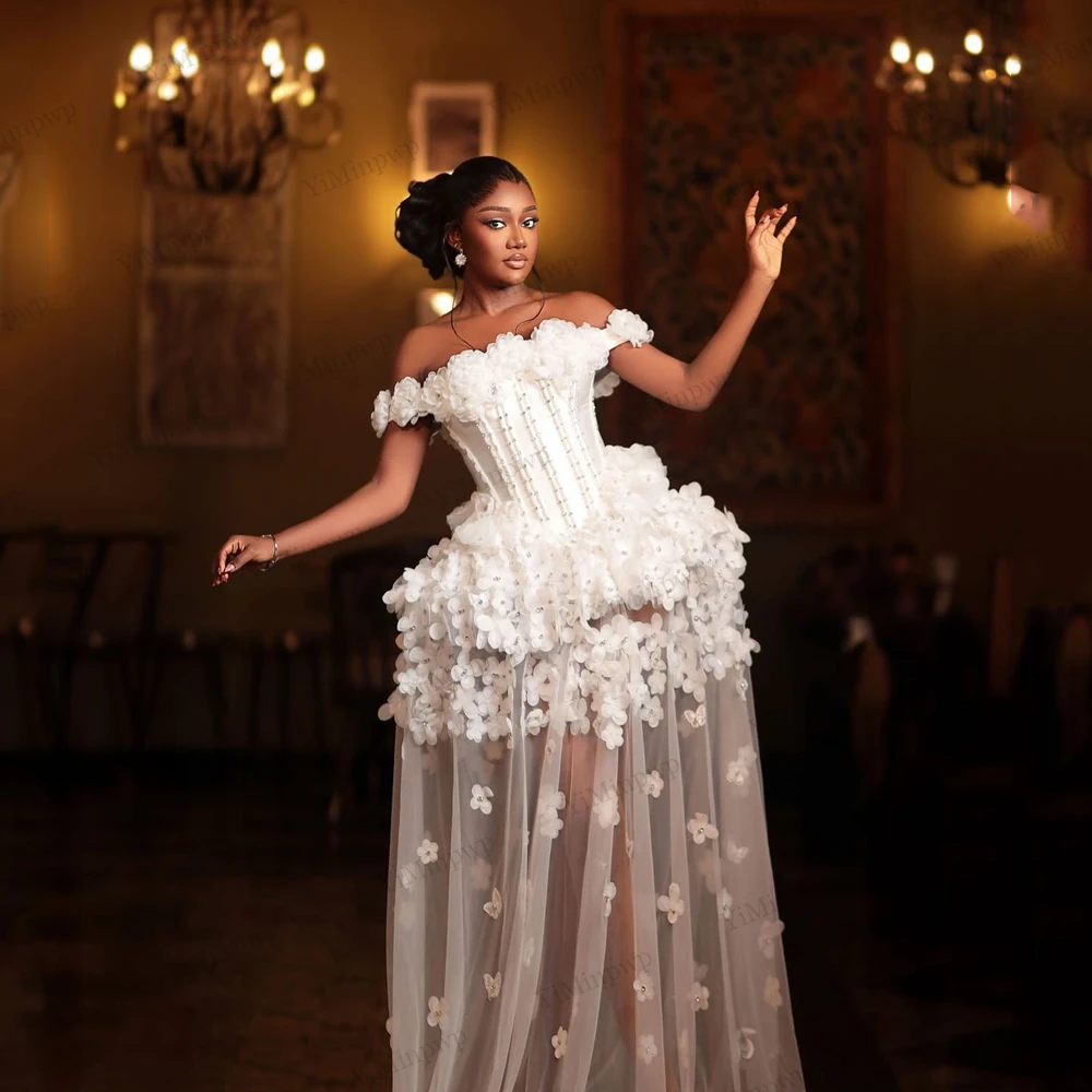 

Short Wedding Dress With Handmade Flowers Beads See Through Plus Size Corset Back Bridal Gown Wedding Reception Dress Customized