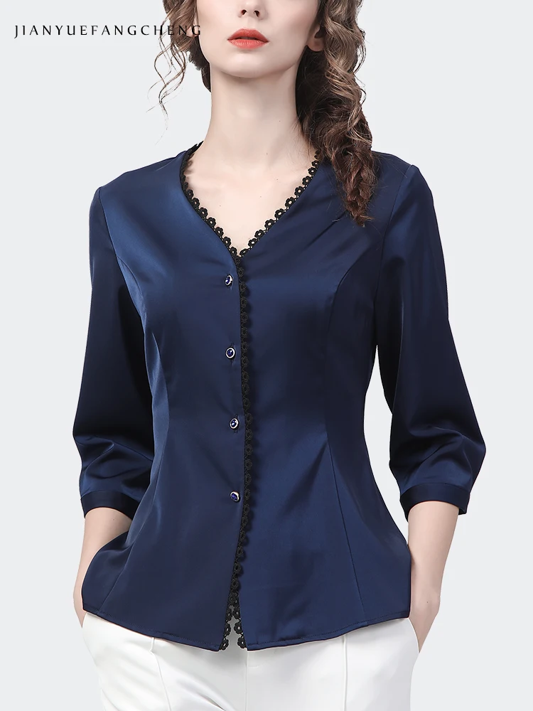 2022 Spring Summer Womens 3/4 Sleeve Blue Satin Shirt Elegant Slim V-Neck Button-Down Tops Fashion Casual Working Ladies Blouses