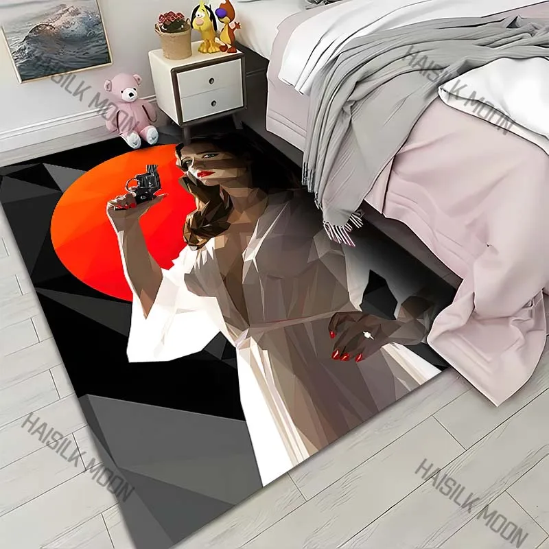 1PC Woman with gun, red background Carpet for Living Room Bedroom Sofa Home Decor Rus Non-slip Floor Mat Luxury Gift
