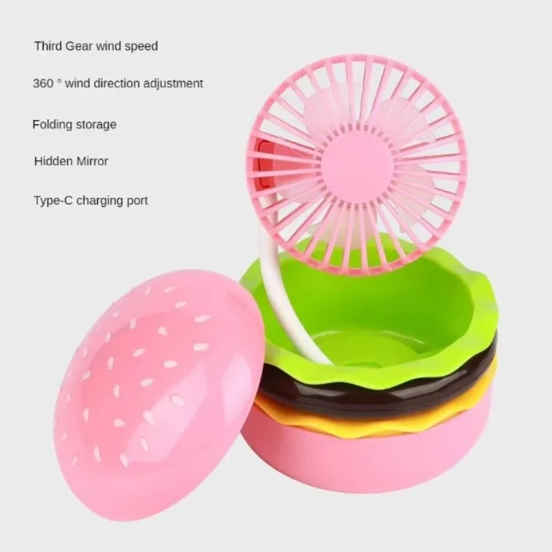 Jouets de sport de plein air en forme de hamburger de dessin animé, mini ventilateur portable, miroir de maquillage de bureau pour fille, cadeau de chargement en plastique