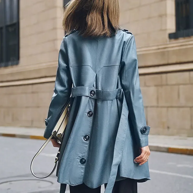 YOLANFAIRY ファッションリアルレザージャケット女性秋ハイストリートミッドレングスレザーコート女性服黒ベルト裏切りコート