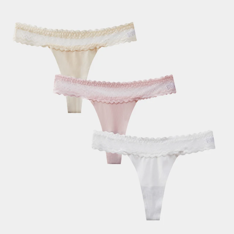 BANNIROU 3Pcs Seamless Women's Panties Thongs With Lace Everyday Low-Rise Female Underwear Lingerie Intimates