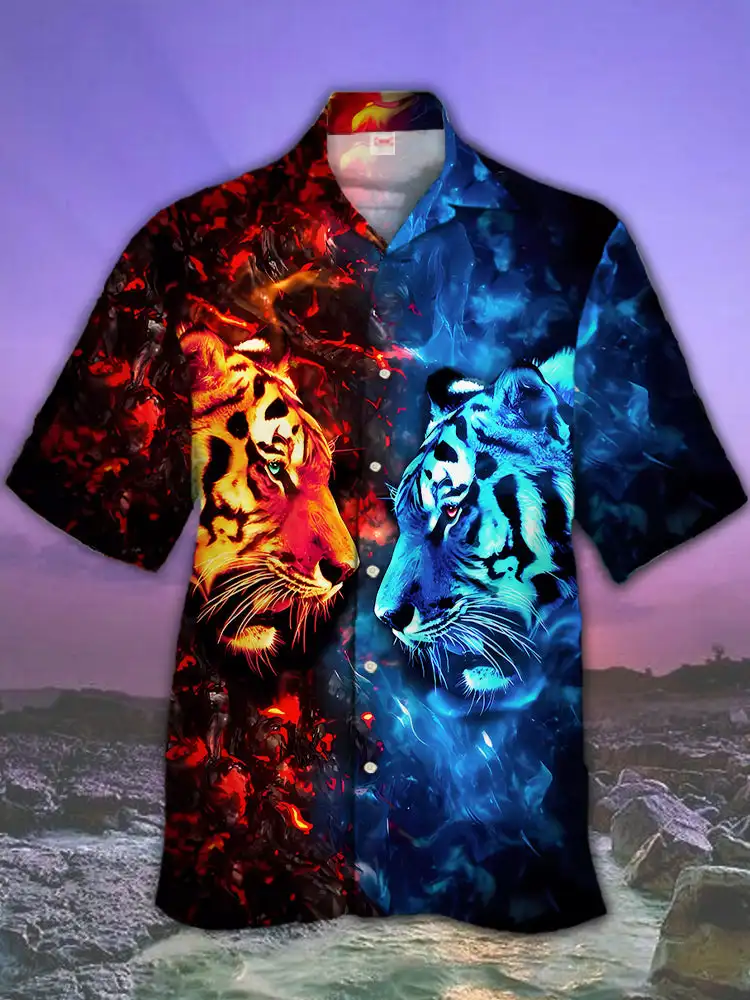 2024 Eye-Catching Ukiyoe Black Lion And Cross 3D Printing Wolf Painting  Short Sleeve Shirts For Men Fashion Hawaiian Shirt