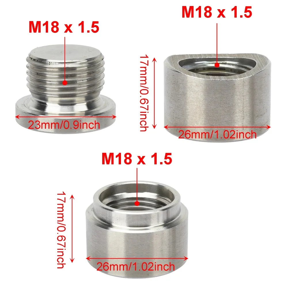 O2 Oxygen Sensor Mounting Bung and Plug M18 x 1.5 Stainless Steel Fitting Notched Flat Style Weld in Bung for Exhaust Down Pipe