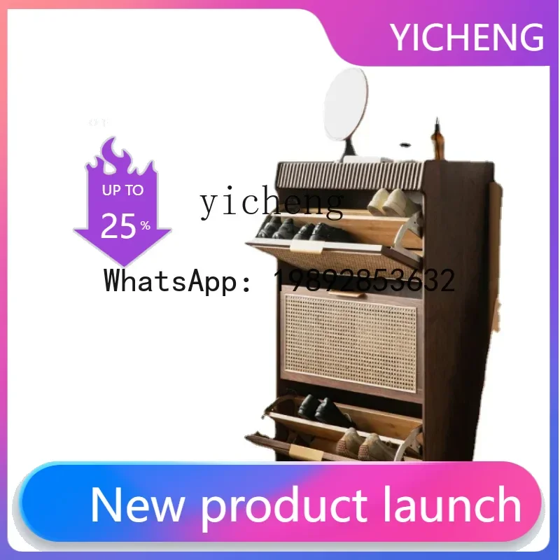 H2 Solid Wood Shoe Cabinet Vintage Door outside Storage Ultra-Thin Breathable Tilting Entrance Cabinet