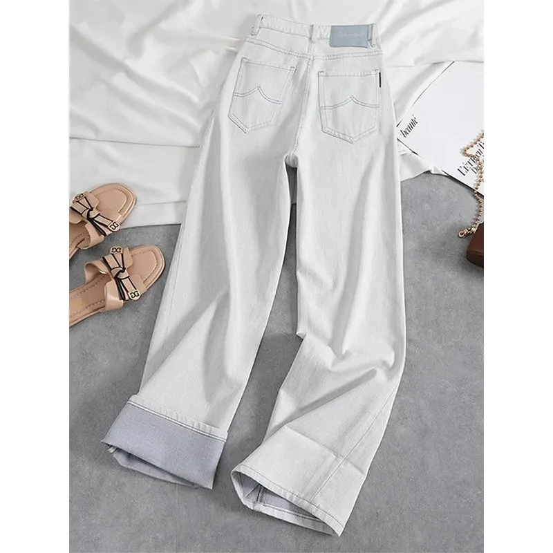 Womens Off White Wide Leg Jeans High Waist Cuffed Hem Loose Draped Straight Denim Pants Niche Design