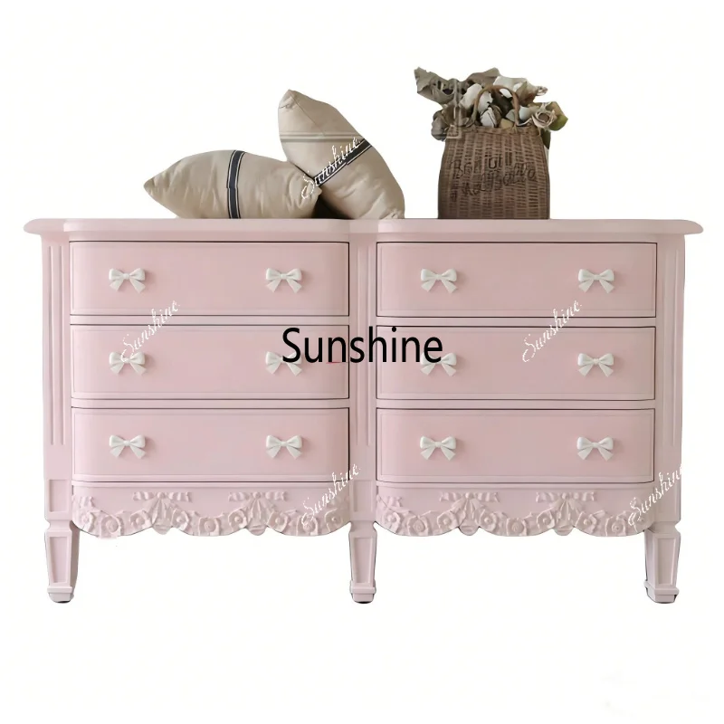 French solid wood carving flower double row chest, easy to store storage simple Europe