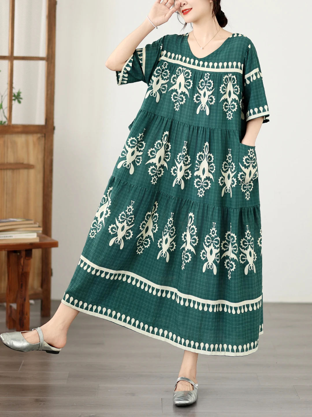 

Summer 2026 Loose Maternity Dress Bohemian Ethnic Style High Waist Cotton Blend Short Sleeve V-Neck A-Line Skirt for Women