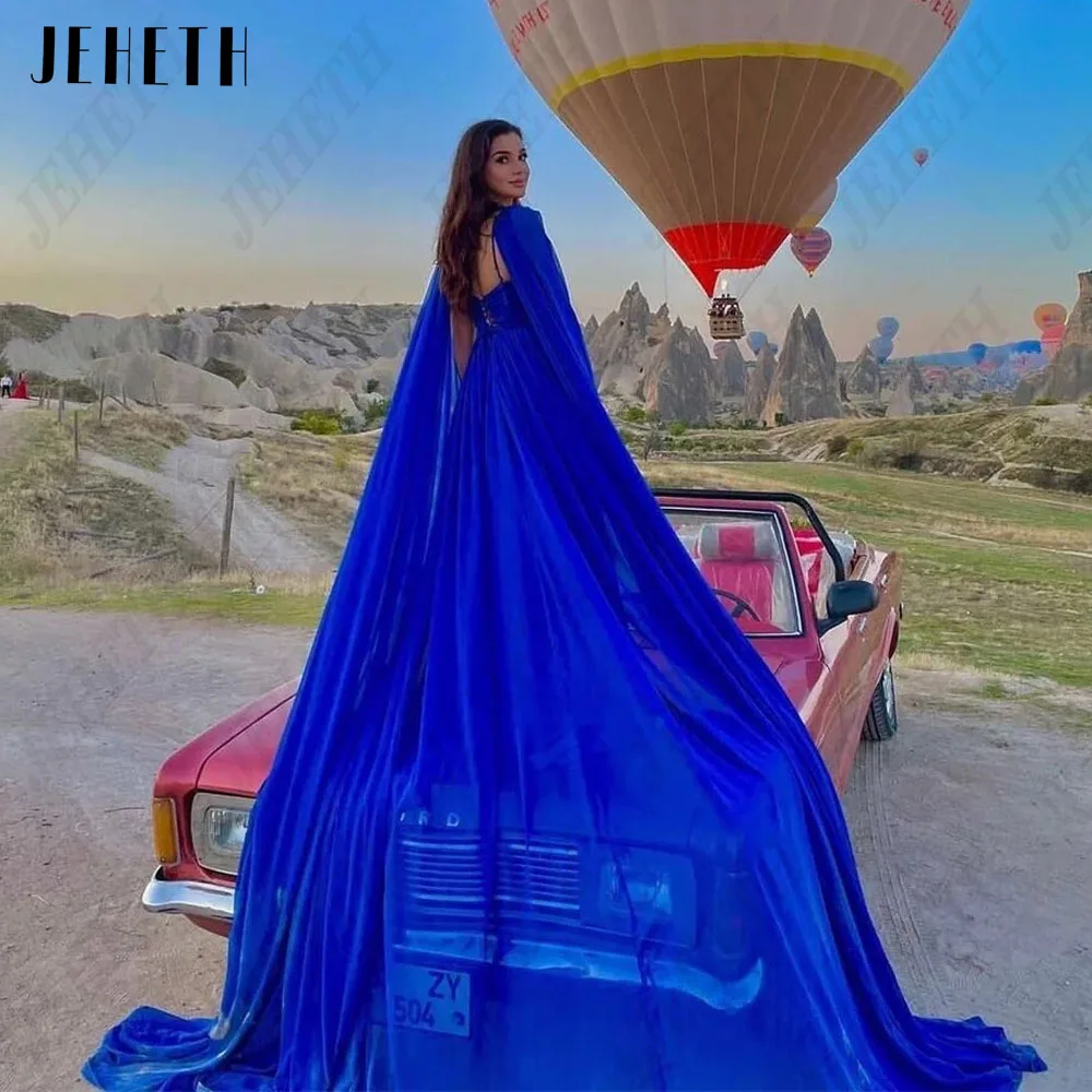 JEHETH Elegant Evening Dresses For Woman Sweetheart Long Cap Sleeves Prom Gowns Chiffon A-Line Blue Classic vestidos de noche