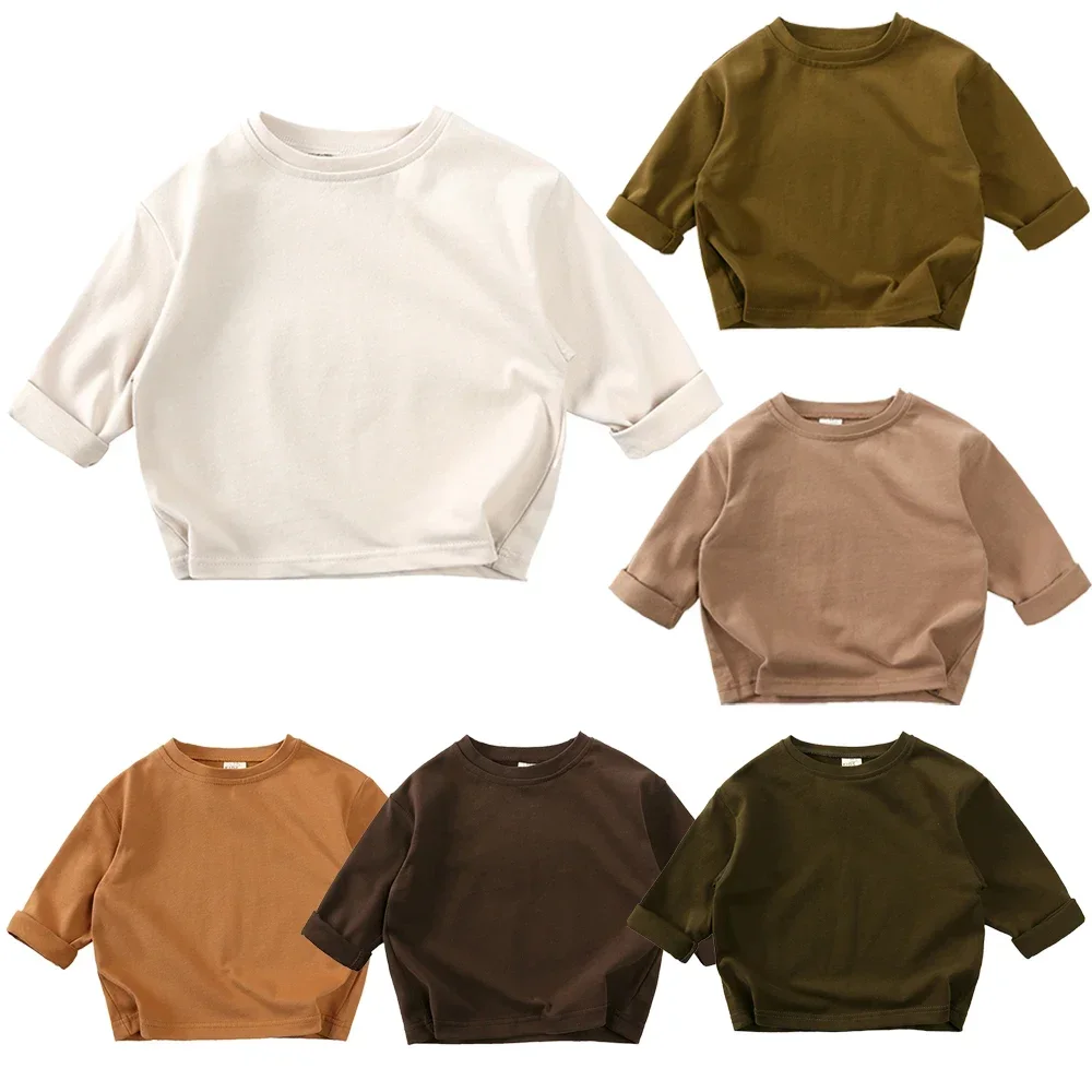 

2025 Autumn Toddler Boys Girls T-shirt Solid Cotton Long Sleeve Basic Infant Top Korean Teenage Children Undershirt Clothing