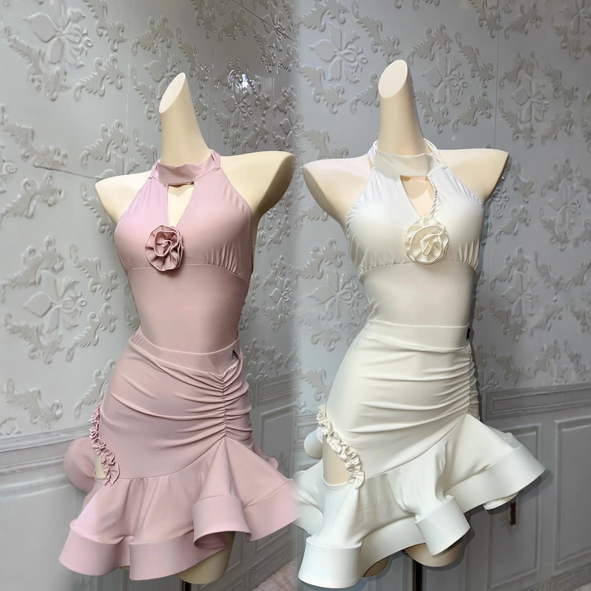 customized women adult Latin national standard dance costume practice outfit hanging neck flower top fishbone skirt fringe dress