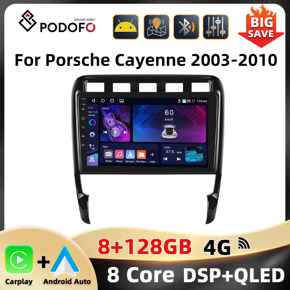 Podofo Carplay 9 ''samochodowy zestaw Stereo dla Porsche Cayenne 2003-2010 odtwarzacz multimedialny nawigacja nawigacja GPS do samochodu z androidem lustro Link FM RDS BT