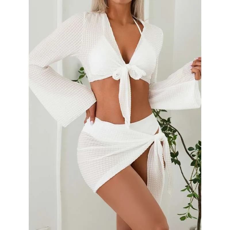 

Women Bikini White Set Triangle Top High Waist Bottom With Shorts Women's Beach Swimwear Front Tie Detail Two Piece Swimsuit