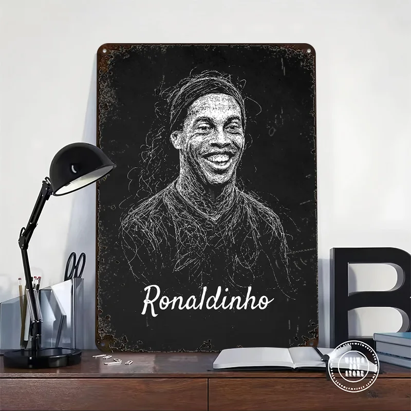 Ronaldinho Portrait - White Sketch Metal Poster Customized Wall Art Retro Vintage Tinplate Signs for Living Room Decoration Home