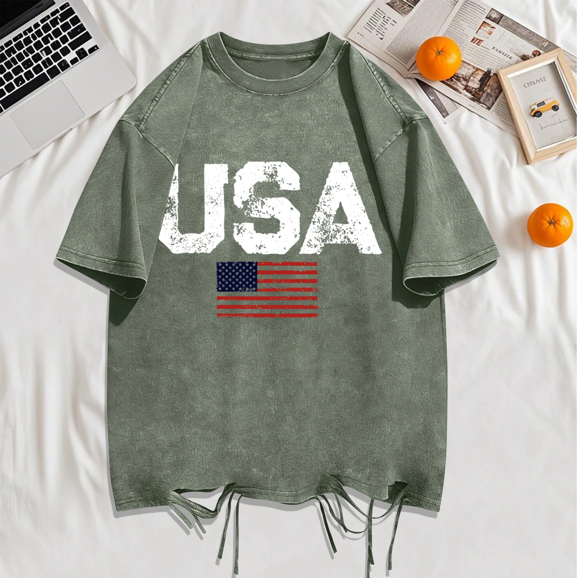 USA-Flagge Bedrucktes T-Shirt mit Wascheffekt und Löchern für Herren Sommer Baumwolle Lockeres Oberteil O-Ausschnitt Kreatives Unisex Vintage T-Shirt