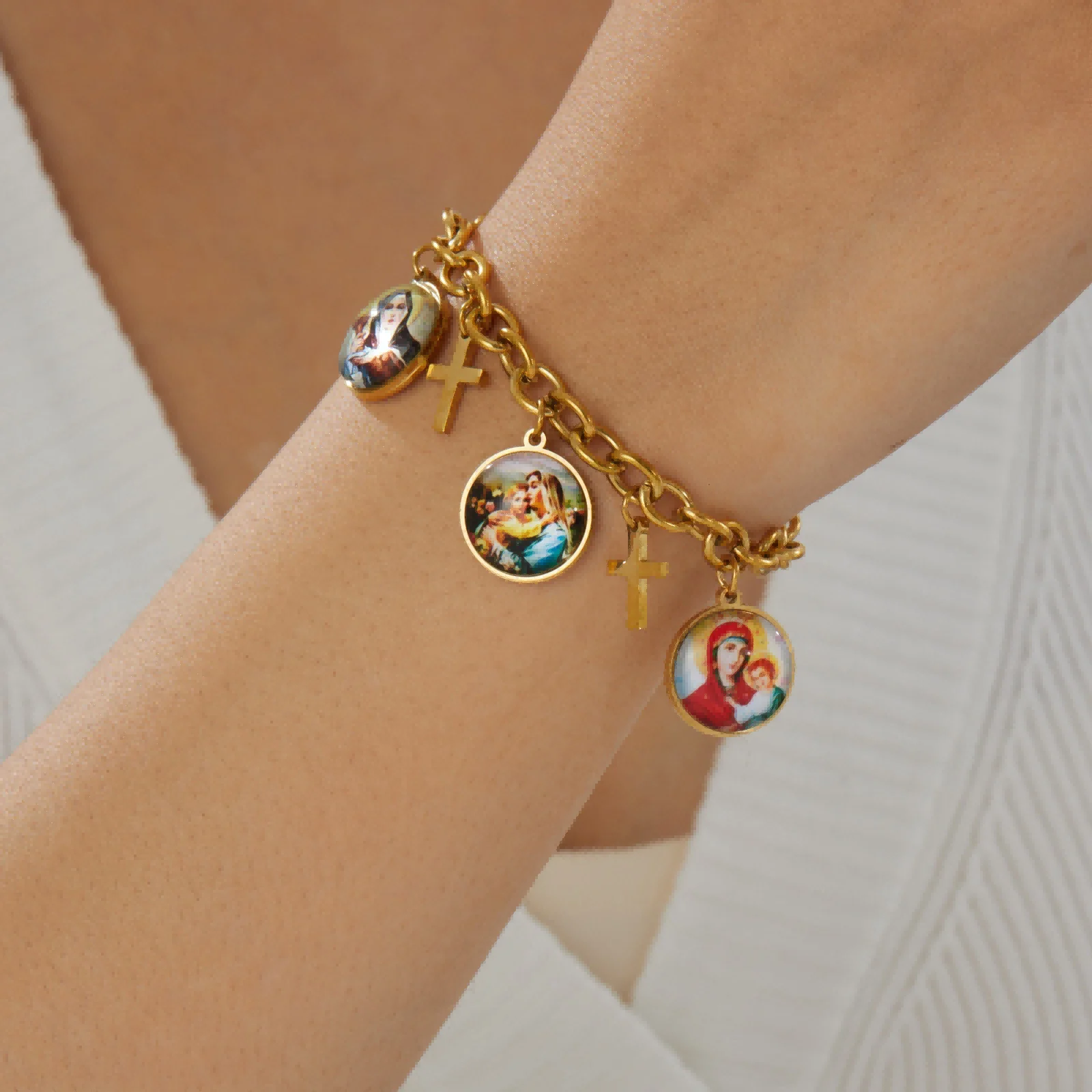 

18K Gold Plated Religious Charm Bracelet, Cross & Holy Image Charms, Chunky Link Stainless Steel Statement Jewelry