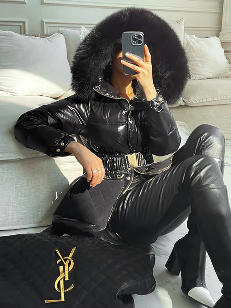 New Arrival Fox Big Fur Collar Hood Down jacket Women Design Thickened White Duck Down Short Outerwear Women with belt