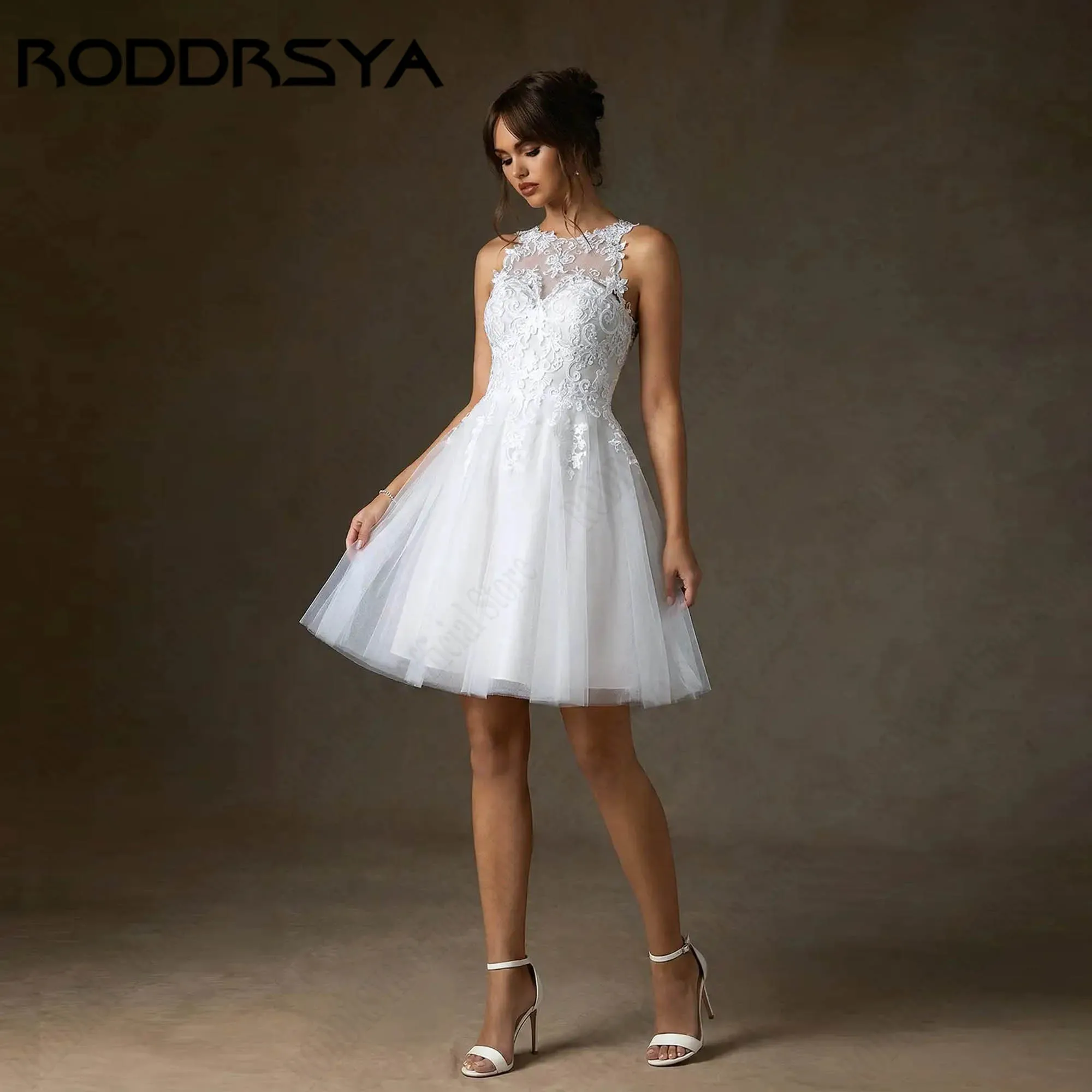 RODDRSYA Vestido de novia mini línea A para boda discreta, con apliques, sin mangas, cuello redondo, espalda ilusión, vestidos de novia personalizados