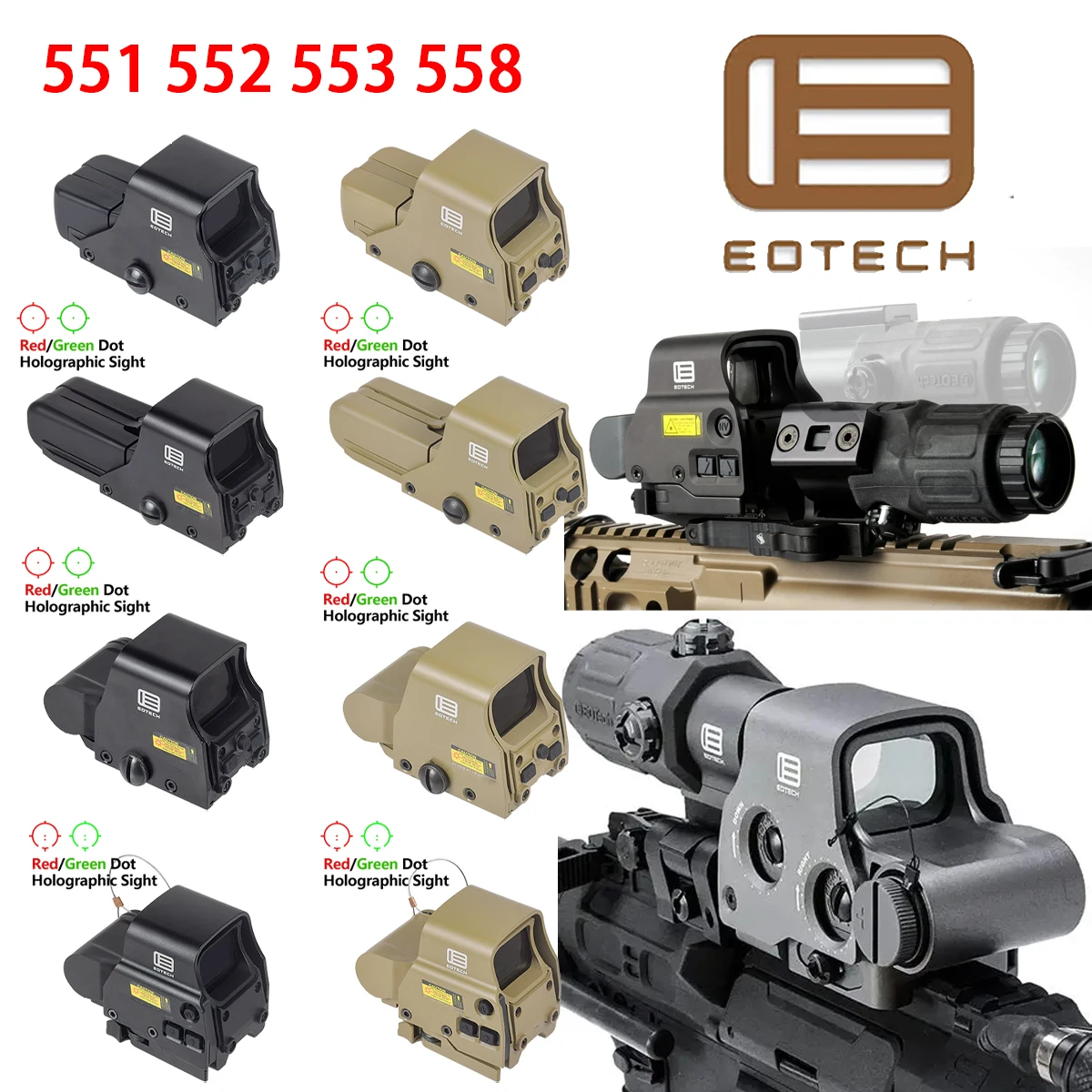 Mira Holográfica Táctica EOTECH Airsoft 551 552 553 EXPS3 558 XPS3 con Punto Rojo y Verde, G33 G43 3X G45 5X, para Caza, Compatible con Riel de 20 mm