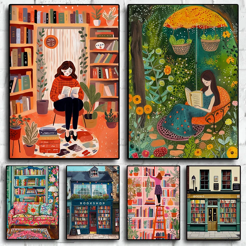 Vintage Bookstore Cosy Bookshelf Illustration Library Reading Poster Wall Art Picture for Bedroom Home Decor Book Lover Gift
