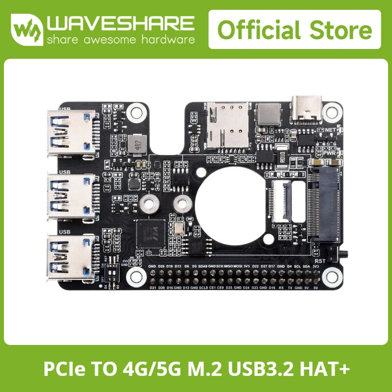 Waveshare PCIe to M.2 4G/5G And USB 3.2 HAT for Raspberry Pi 5,High-speed Networking Compatible with SIMCom/Quectel 4G/5G module