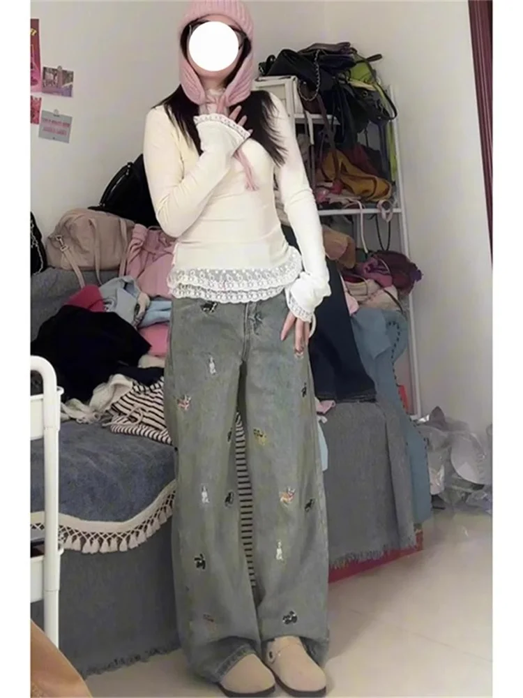 Large Size American Retro Dog Embroidery Waed Denim Pants Women's Autumn New High Waist Straight Leg Loose Floor-Length Jeans