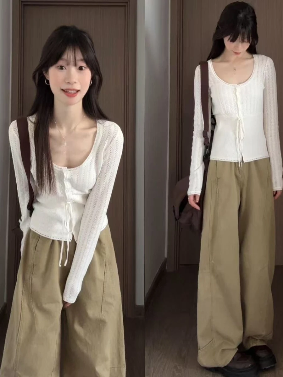 

Рабочая одежда цвета хаки, джинсовые брюки с высокой талией, широкие брюки, прямой крой, для похудения, женские брюки, повседневные хлопковые и полиэстеровые брюки