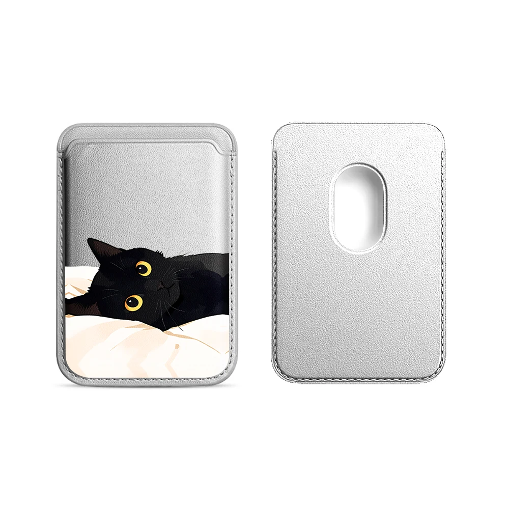Schwarze Katzen-Leder-Kartenhülle für das Handy, geeignet für alle iPhone-Hüllen, Magsafe magnetische Kartenhalterung, einfache Handy-Rückentasche – Detail 18