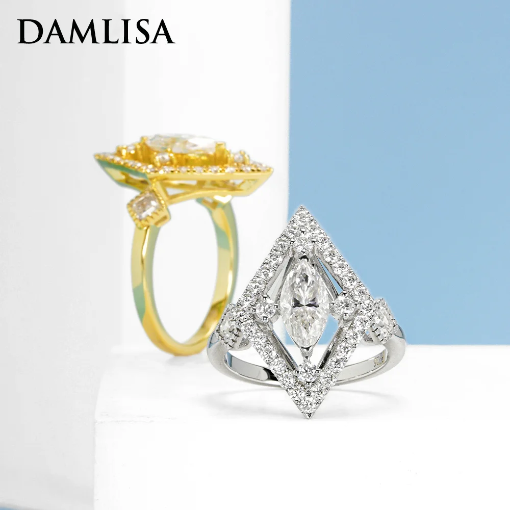 DAMLISA 925 Sterling Silver VVS1 Marquise Cut Moissanite Diamond Hip Hop Rings For Women Men 18K Gold Plated Engagement Ring