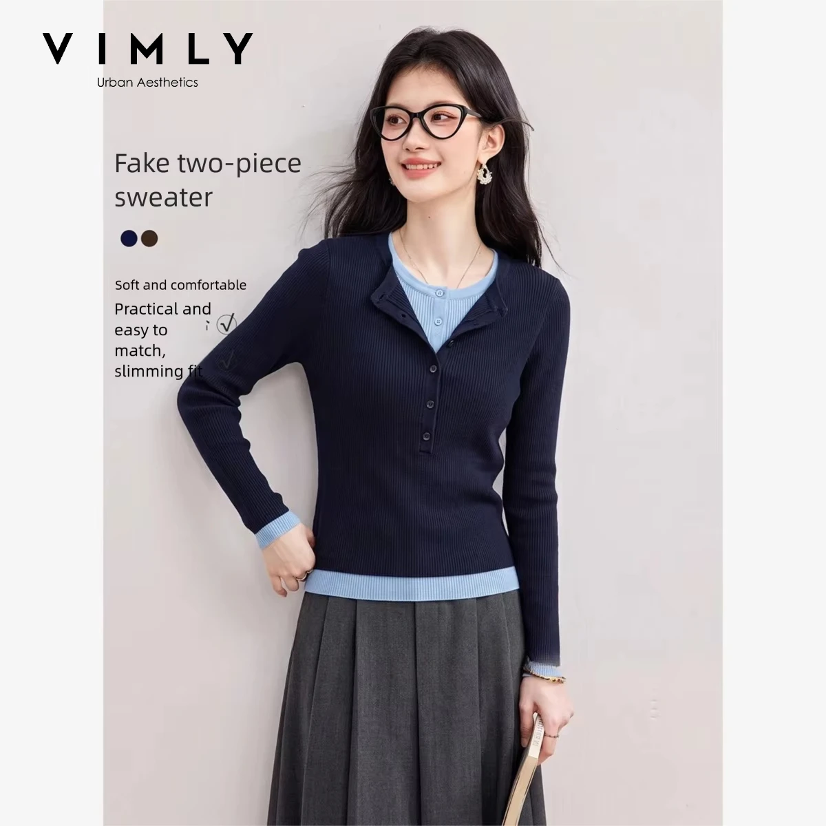 VIMLY Navy Blue Knit Sweater Women 2026 Fall Fake Two Piece Color Block Pullover Elegant Casual Long Sleeve Top Female 75501