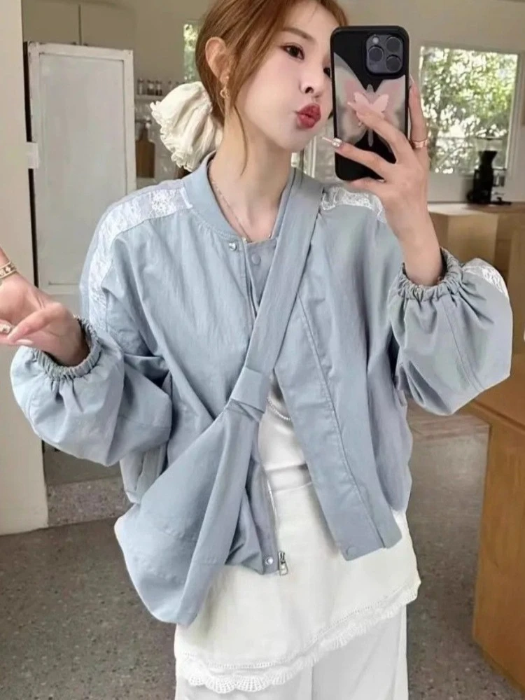 

Sweet-Chic Lace-Trim Bomber Jacket Stand Collar & Balloon Sleeves Women Oversized Sun-Protective Spring 2025 Short Outerwear
