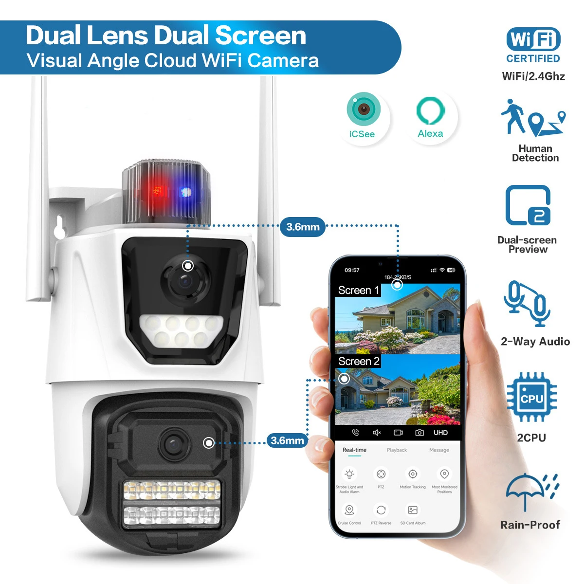 Uzoom 6K Wifi Telecamera di sicurezza esterna Tripla lente PTZ Doppio schermo Video sorveglianza impermeabile con allarme luminoso Telecamera IP