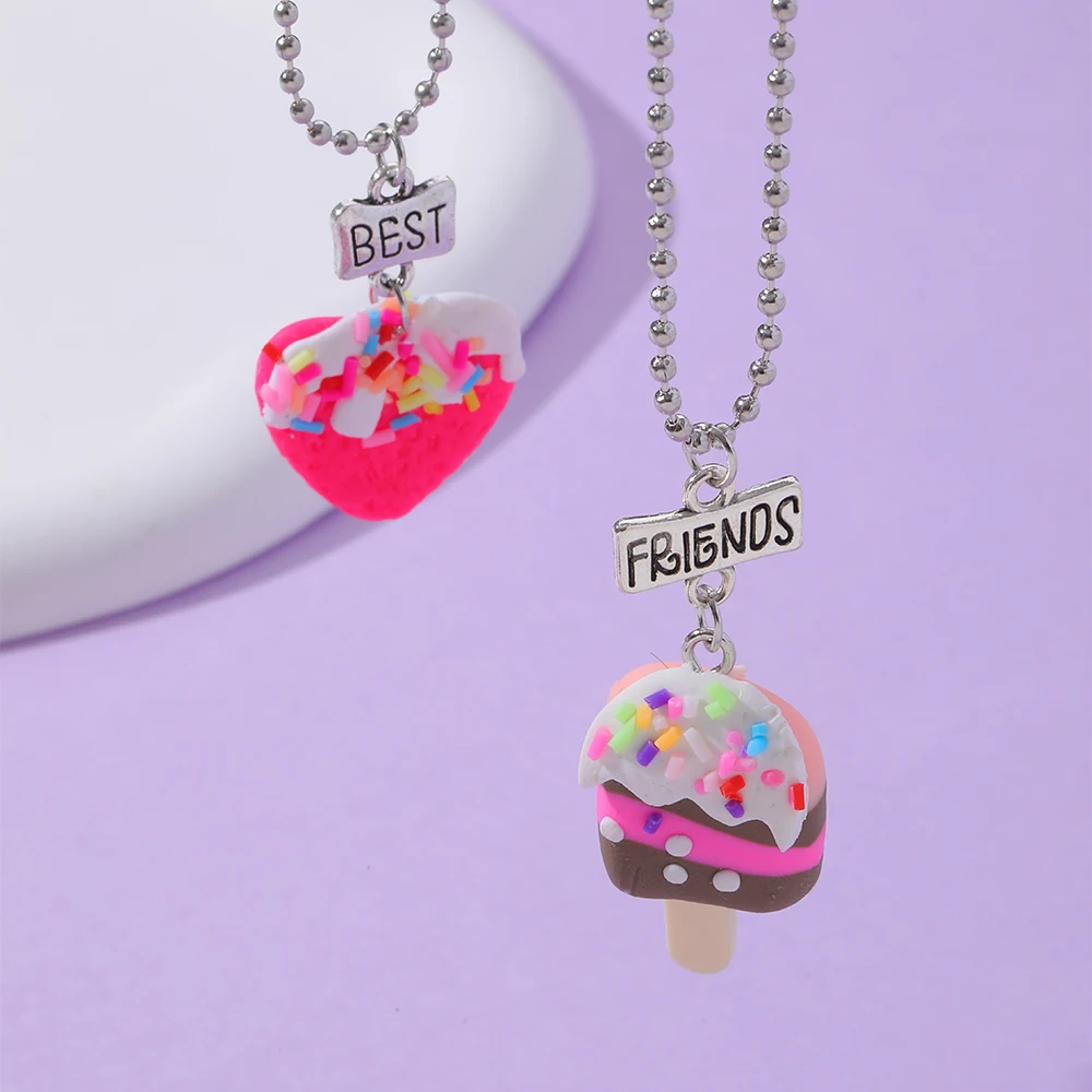 15 Style Polymer Clay Pendant Best Friends Necklace Set BFF Fimo Rainbow Lollipop Ice Cream Cones Charm Beads Chian Kids Gift