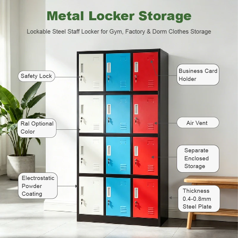12 Door Metal Steel Locker Storage Cupboard Worker Student Gym School Personal Steel Locker Cabinet with Key Lock
