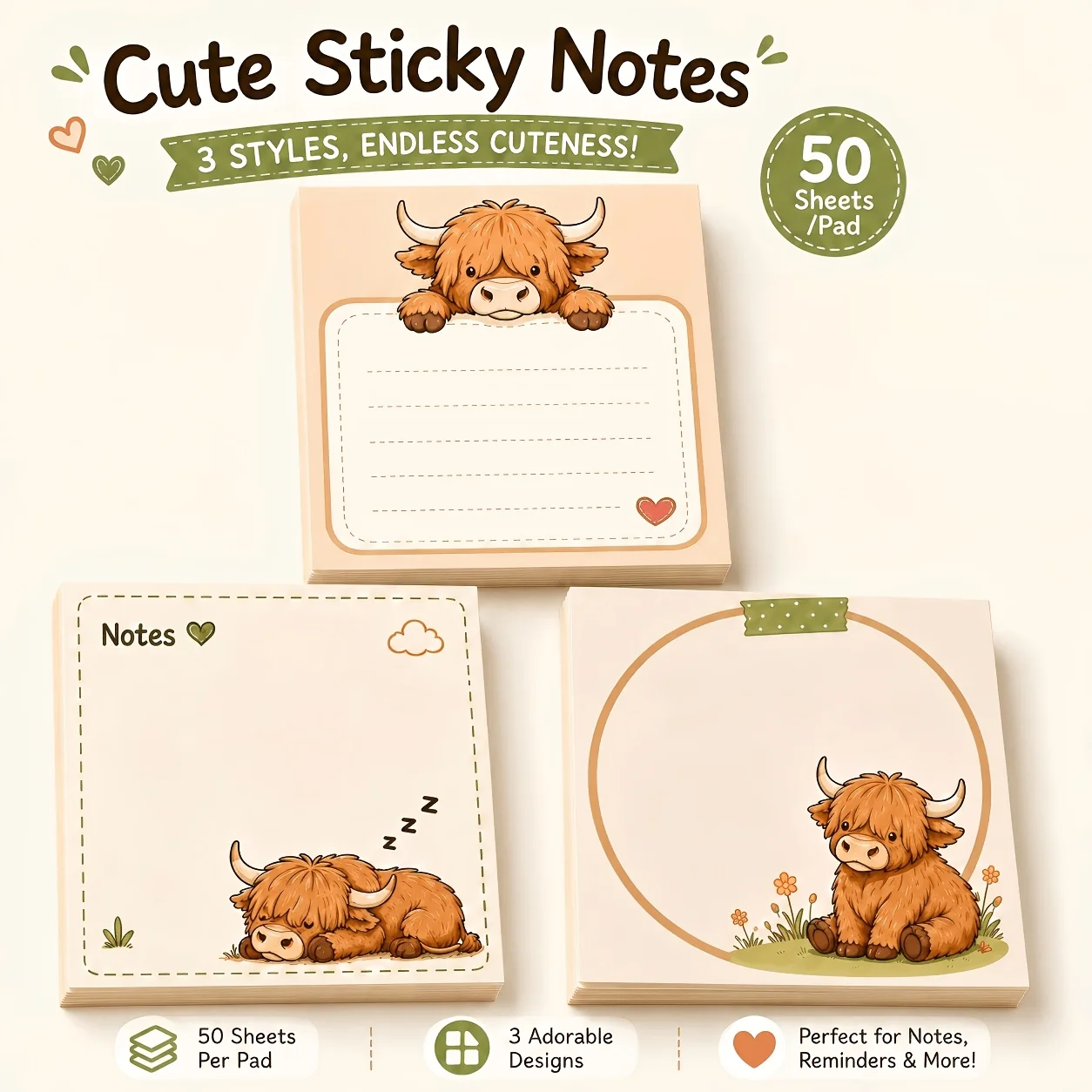 6/3 Packs of Random Styles (1 Pack = 50 Sheets) Highland Cow Sticky Notes, Cute Self-Adhesive Sticky Notes, Cute Animal Designs, Suitable for Daily Task List Notebooks, Diary Collage Inserts, Productivity Planning Tool