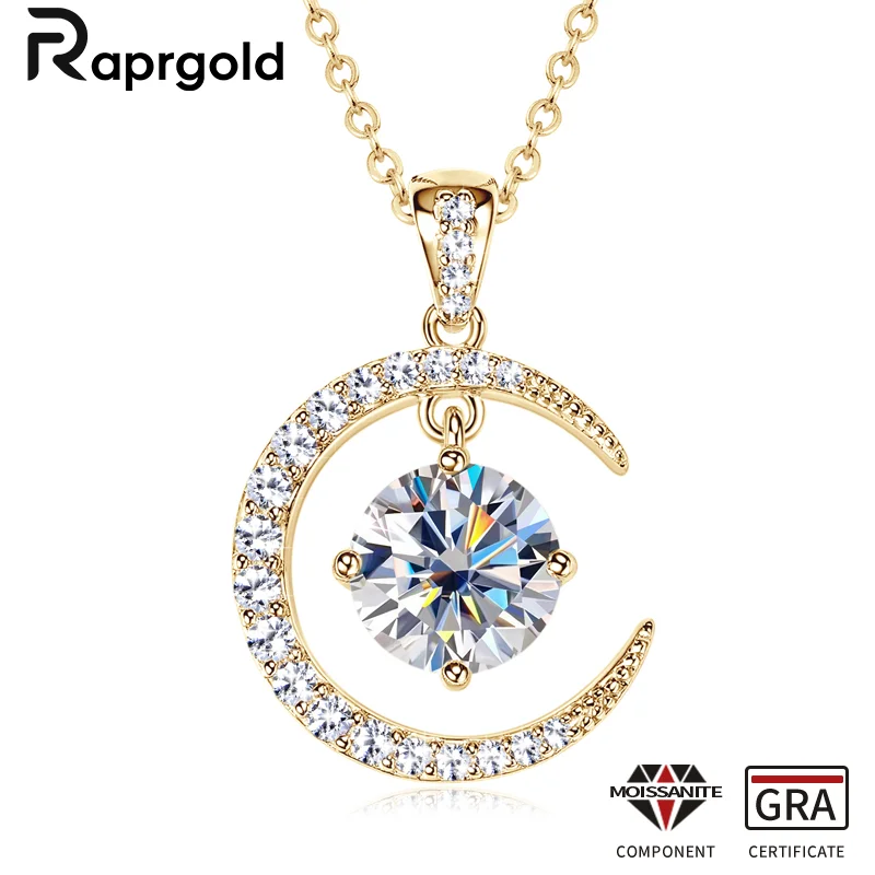 RAPRGOLD 8mm Round Moissanite Ladies Pendant Necklace 925 Sterling Silver Fashion Sun Moon Necklaces for Women Jewelry Gift