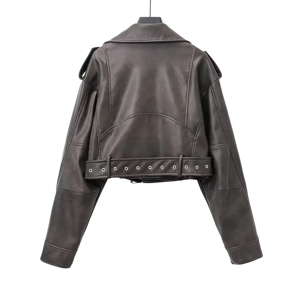 American hottie black motorcycle imitation leather short jacket coat women\'s early autumn new design leather jacket