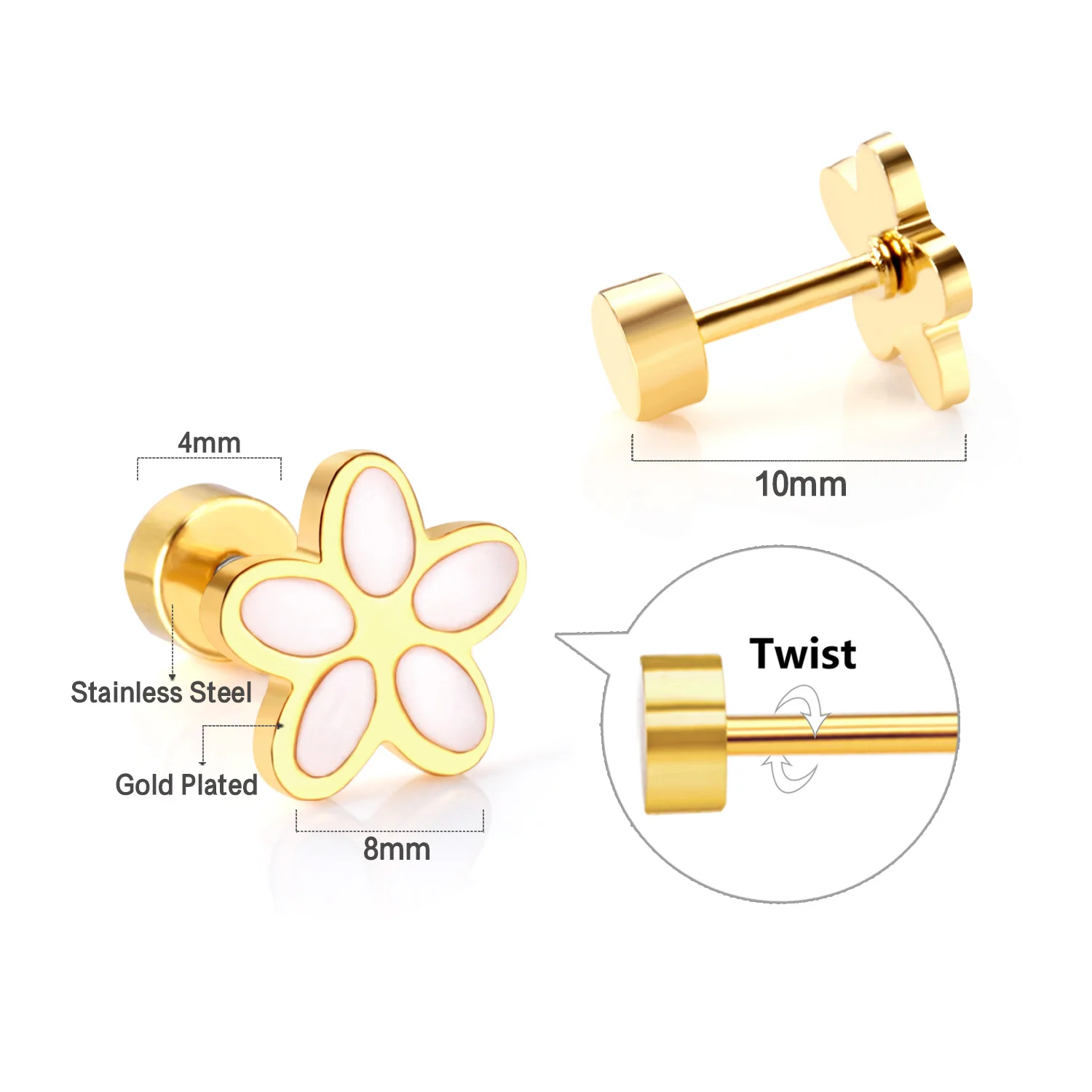 6Pairs Stainless Steel Screw Back Stud Earrings Cute Small Crown Heart Flower Colorful Tiny Ear Piercing Jewelry Sweet Fashion