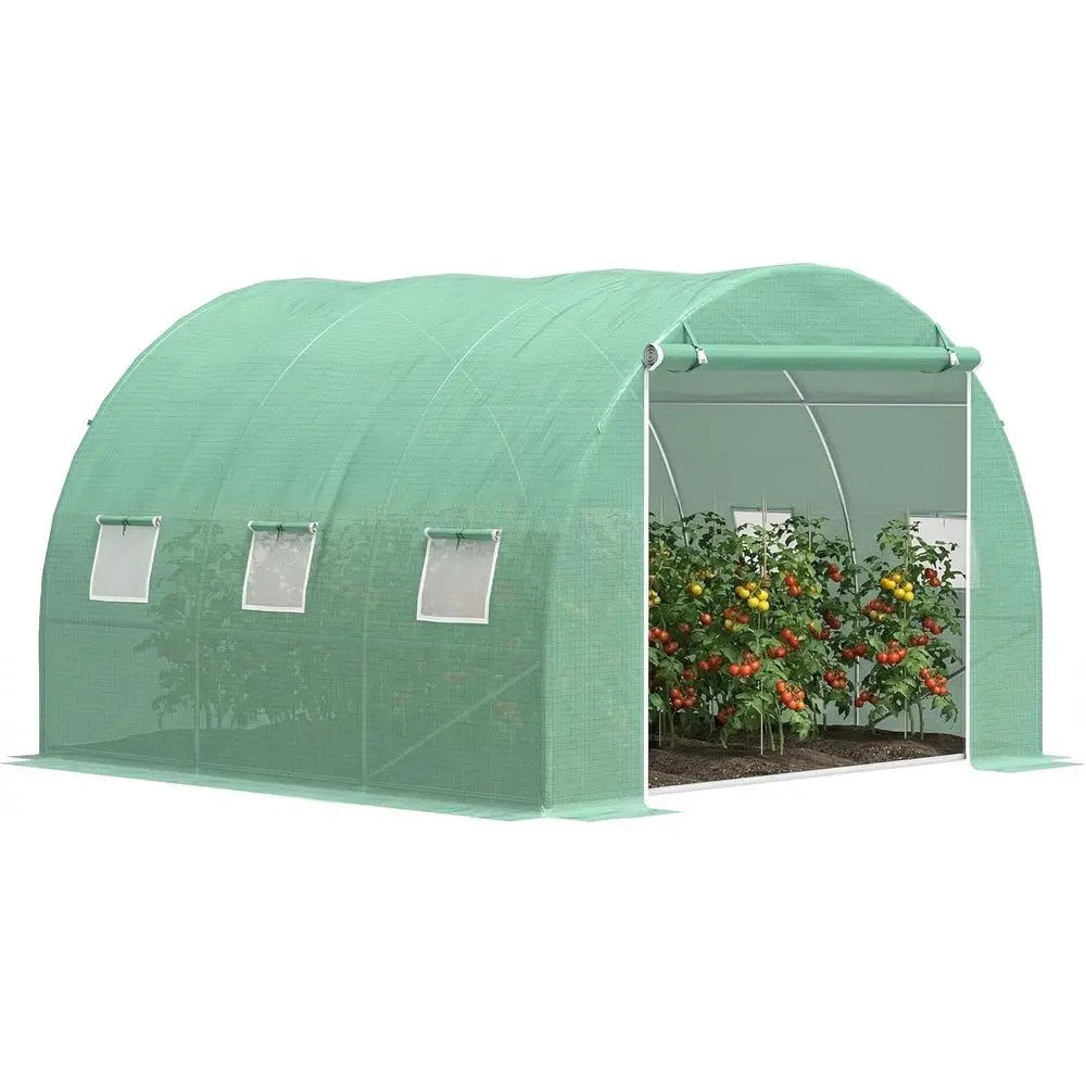 

10' x 10' x 6.5' Walk-In Tunnel Greenhouse with PE Cover, Steel Frame, Roll-Up Door & Windows for Vegetables and Tropical Plants